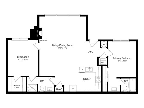 A floor plan of a home with a living/dining room, two bedrooms, a kitchen, and a bath.
